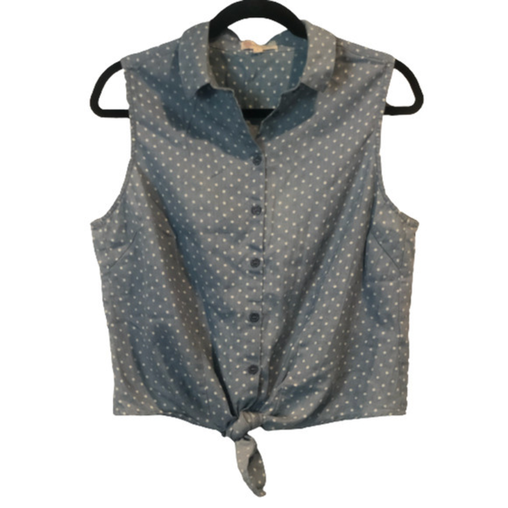 NWOT L'Atiste by Amy‎ Blue White Polka Dot Sleeveless Collared Tie Knot Tank